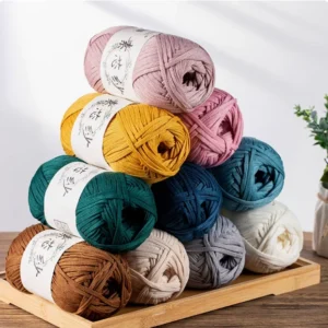 100% Polyester Fancy Yarn Anti-Pilling Flat Core Ribbon for Hand Knit Bags & Cushions Dyed Ring Spun Yarns Sleek