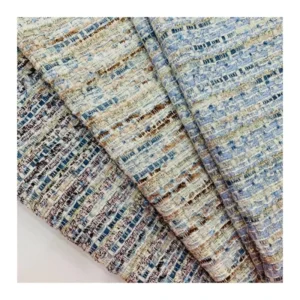 Stripe Fancy Yarn Dyed Green Italian Tweed Boucle Fabric Metallic Thread for Blazer Women Garment