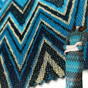 Zig zag Polyester Rayon Stretch Yarn Dyed Weave Textured Knit Gold Lurex Metallic Jacquard Fabric for Dress